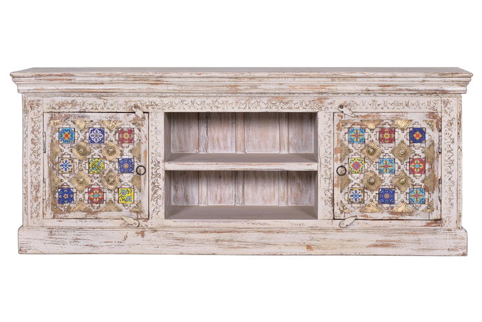 GINER Y COLOMER Meuble TV en bois de manguier blanc vieilli